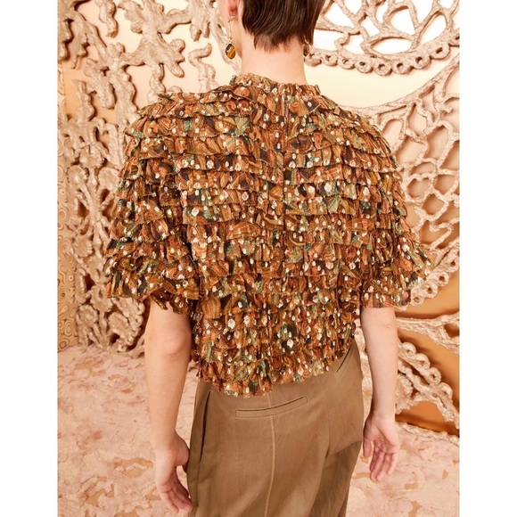 Ulla Johnson Silk-Blend Metallic Short-Sleeve Ruffle Carmella Blouse - Picture 5 of 6